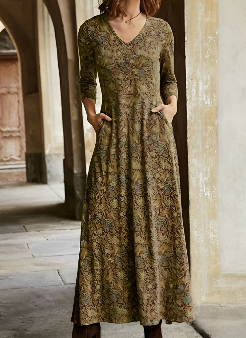 Street Wave Vintage Maxi Dress With V Neck Allover Pattern And Flowing A Line Silhouette For Women