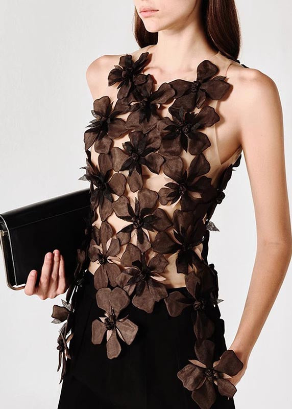 Magnifique haut en tulle noir à fleurs sans manches - Street-Wave