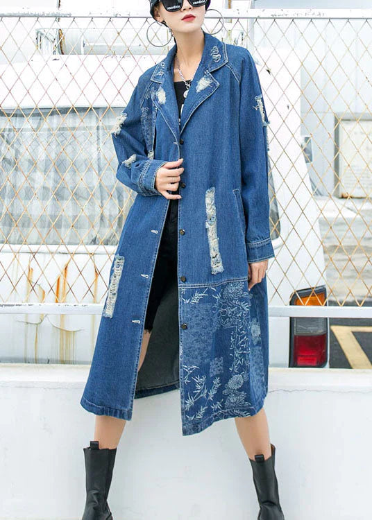 Street-wave Denim Trench Coat Women Timeless Chic Patchwork Embroidery Outerwear