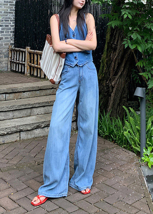Magnifique pantalon en jean taille haute à poches bleues pour l'automne - Street-Wave