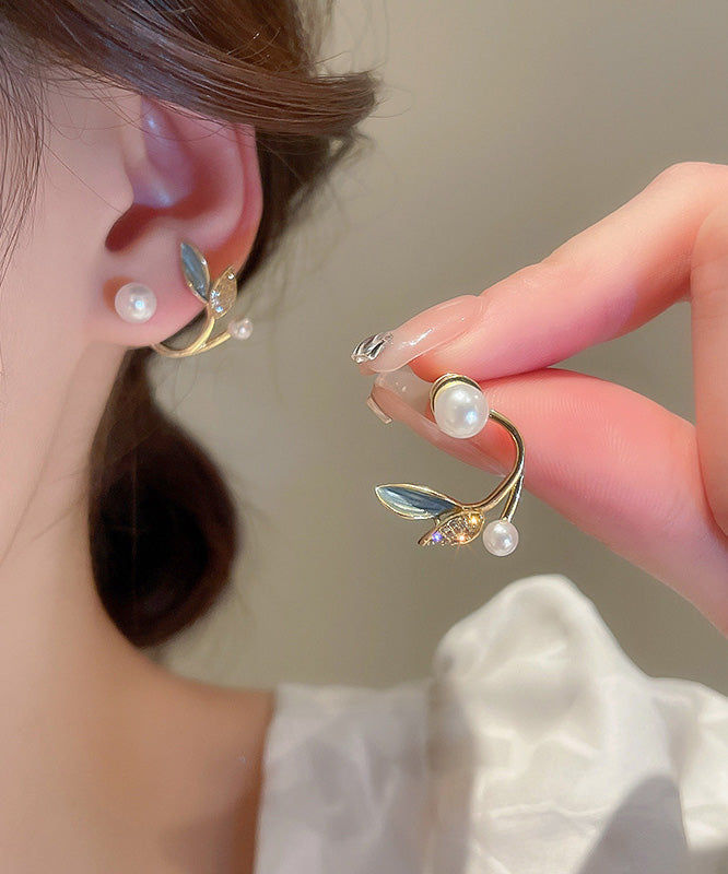 Magnifiques boucles d'oreilles créoles en cuivre doré avec zircons et perles en forme de feuille - Street-Wave