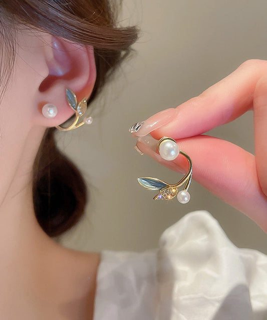 Magnifiques boucles d'oreilles créoles en cuivre doré avec zircons et perles en forme de feuille - Street-Wave