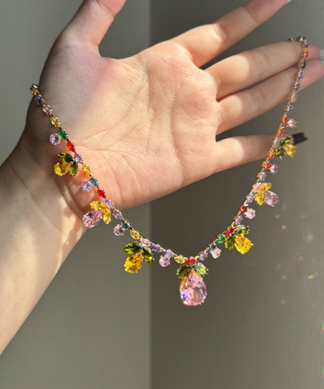 Magnifique collier avec pendentif en forme de goutte d'eau florale en alliage de zircon arc-en-ciel - Street-Wave
