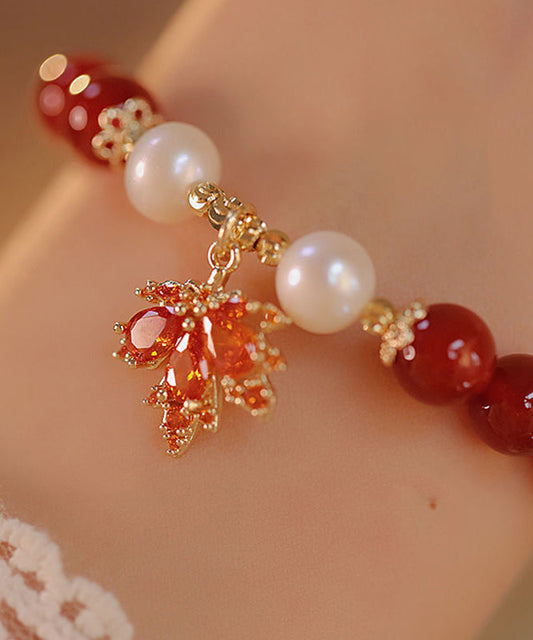 Magnifique bracelet à breloques en argent sterling rouge avec agate dorée et feuille d'érable - Street-Wave