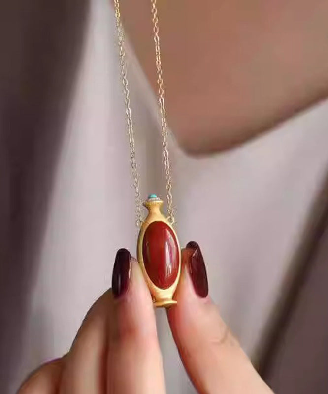 Magnifique collier avec pendentif en agate rouge surdoré en argent sterling - Street-Wave