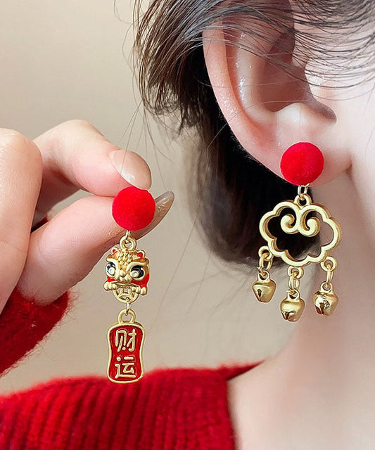 Magnifiques boucles d'oreilles pendantes asymétriques en argent sterling rouge surdoré, motif danse du lion et nuages ​​de bon augure - Street-Wave