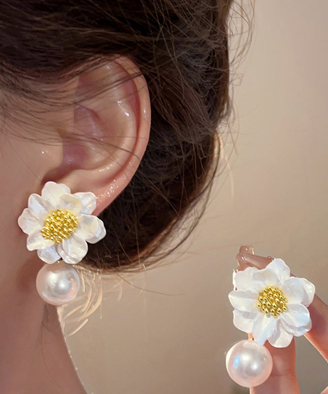 Magnifiques boucles d'oreilles pendantes florales en alliage acrylique blanc avec perles - Street-Wave