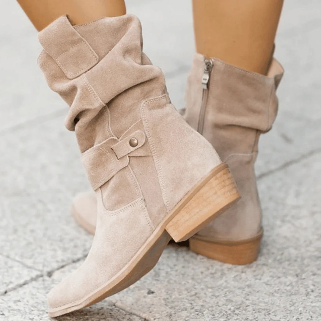 Street-Wave Women's Suede Slouch Boots With Buckle Strap And Side Zip For Everyday Chic