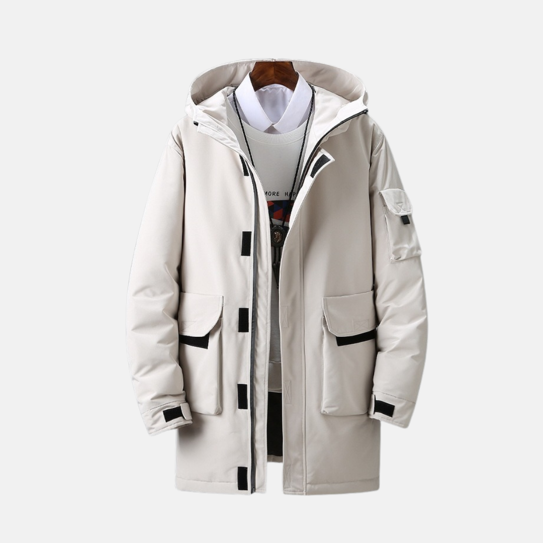 Men's Hooded Winter Coat In Woven Fabric Mid Thigh Length Adjustable Cuffs For Winter Style