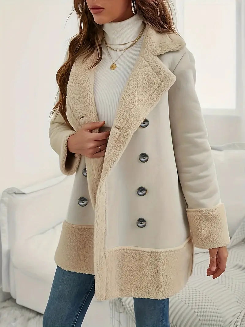 Street-wave Double-Breasted Wool Coat With Sherpa Collar For Women Ultra Cozy Warmth
