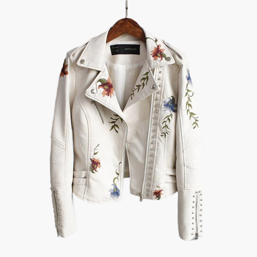 Street Wave Premium Floral Embroidered Short Biker Jacket For Women With Studded Details