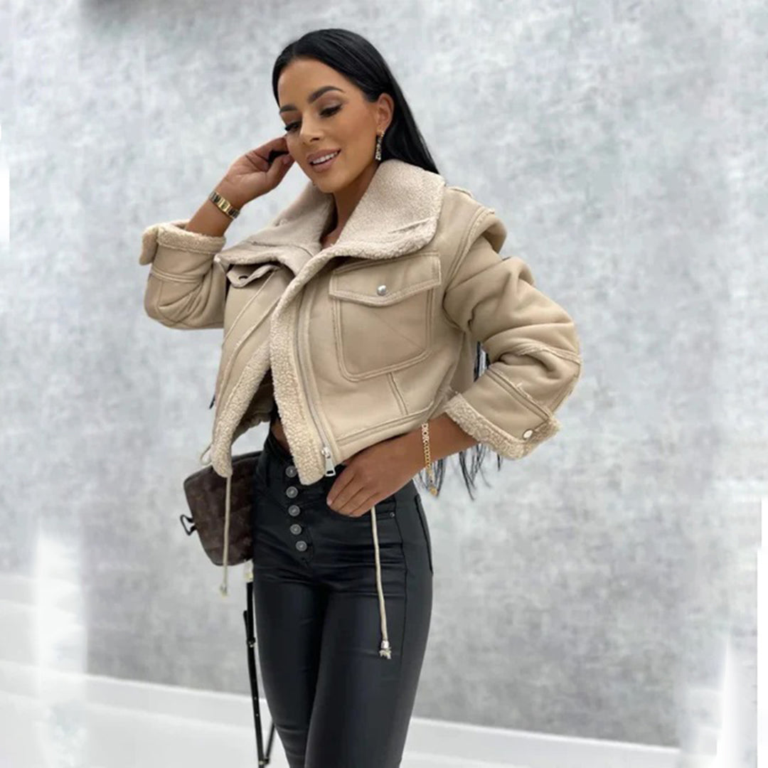 Street Wave Lamb Wool Biker Jacket Short Zip Front For Women Warm Motorcycle Inspired Fashion