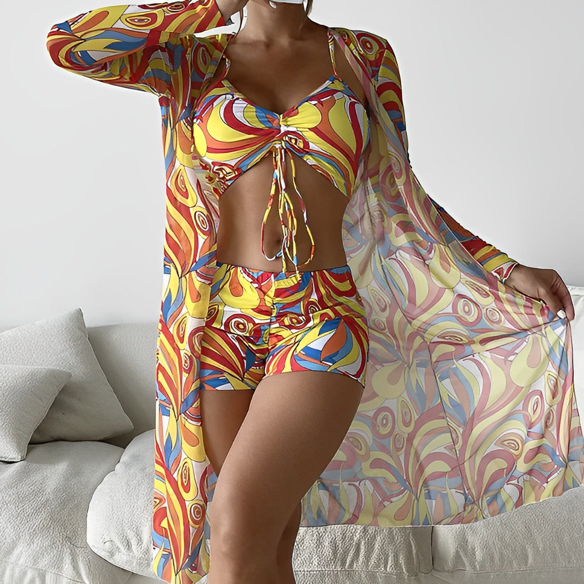Street-wave Swirl Pattern Bikini With Overlay Breathable Soft Fabric For Women Beachgoers