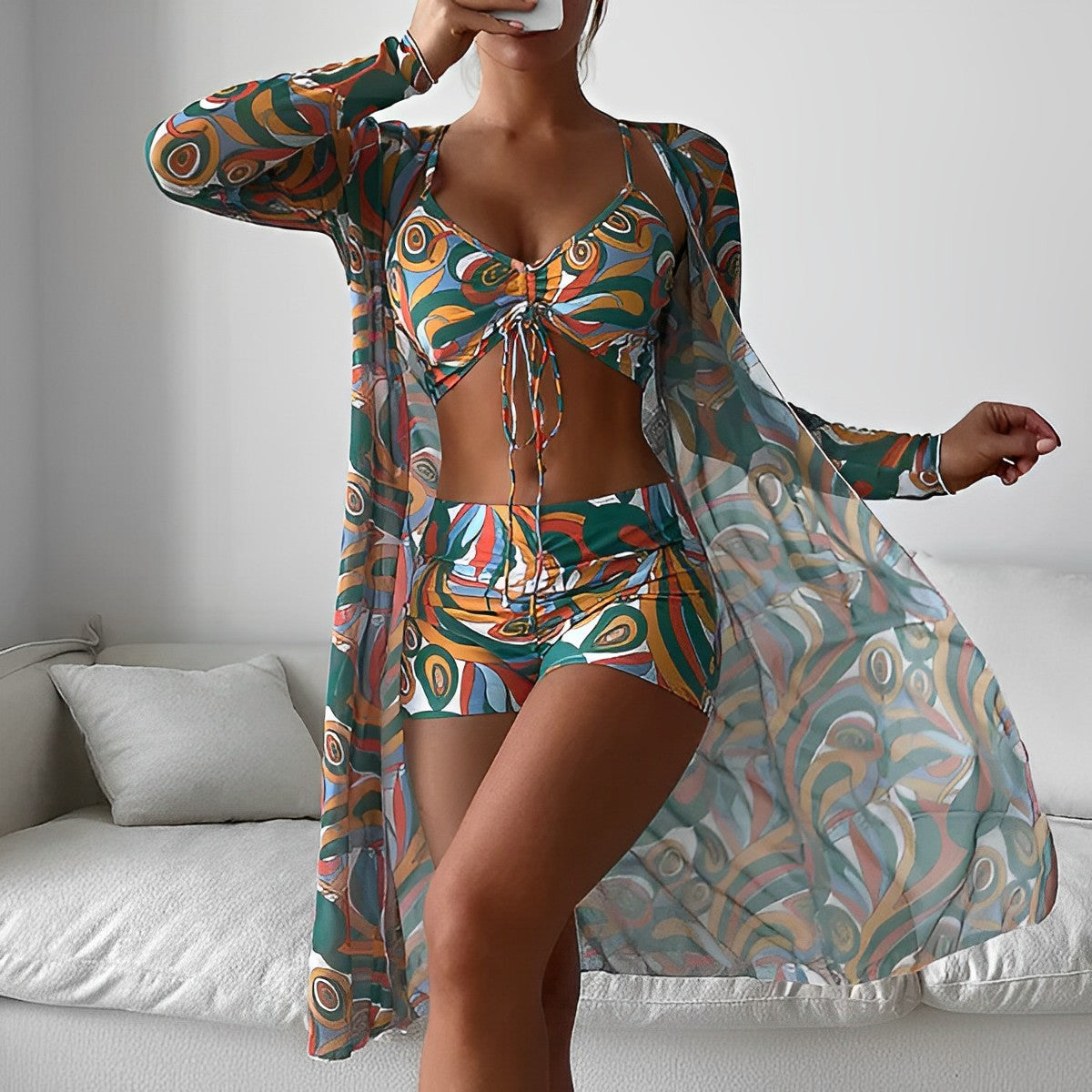 Street-wave Swirl Pattern Bikini With Overlay Breathable Soft Fabric For Women Beachgoers