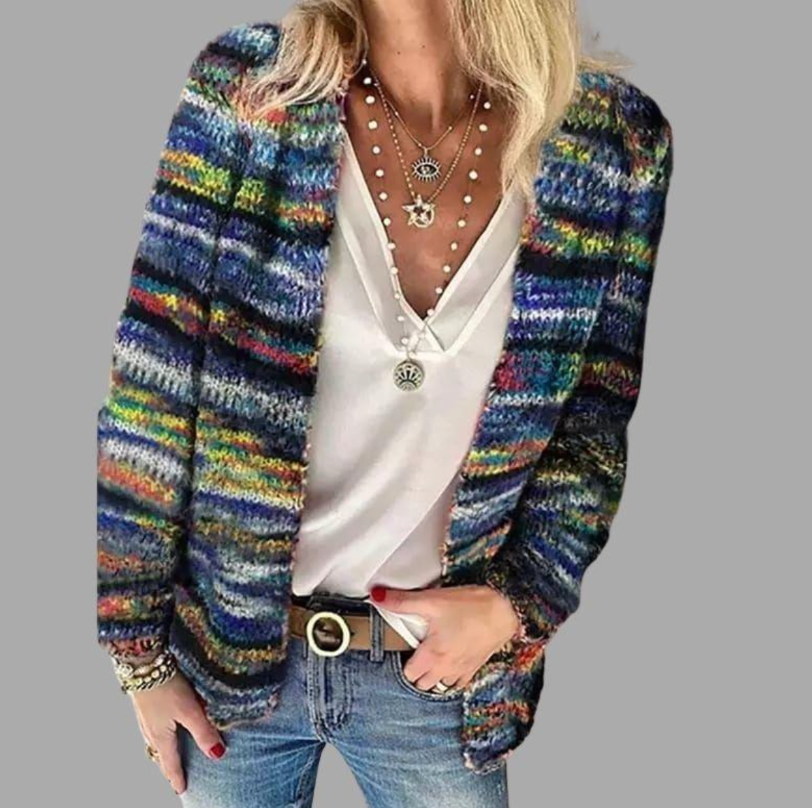 Street Wave Colorful Knit Cardigan With Vibrant Multicolor Stripe Pattern For Fashion Forward Women