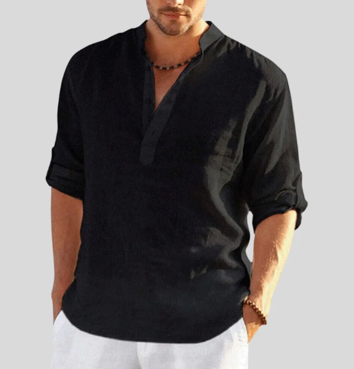 Nordisk Flair Men's Linen Shirt Relaxed Fit Mandarin Collar Long Sleeve Breathable Natural Fibers