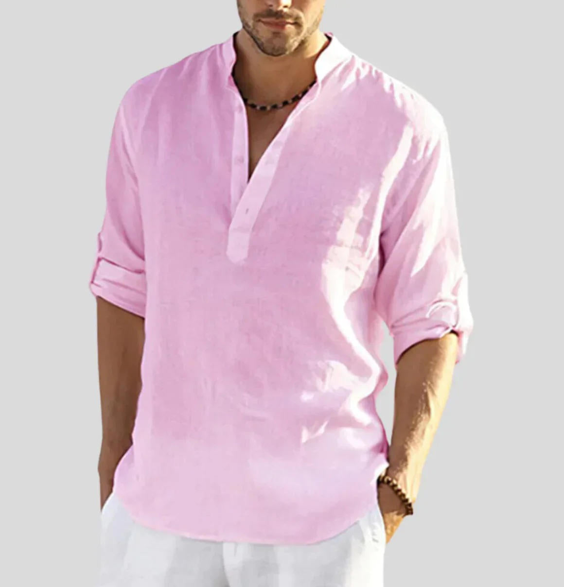 Men's Linen Henley Shirt With Rolled Sleeves Breathable Lightweight Casual Summer Style By Street-Wave