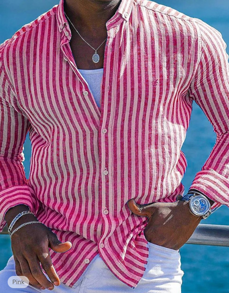Street-Wave Mens Slim Fit Striped Linen Cotton Shirt Breathable Summer Essential