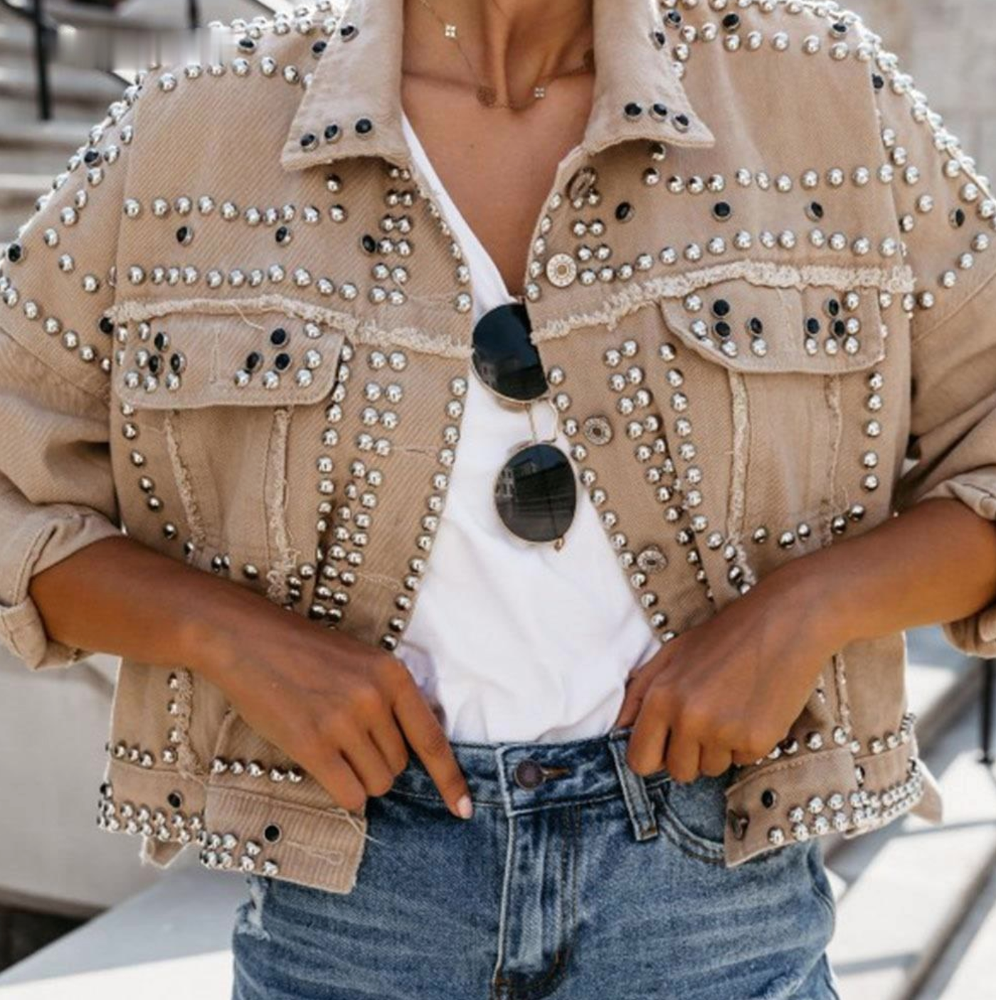 Street-Wave Women's Studded Bomber Jacket With Rhinestone Embellishments For Trendy Cropped Everyday Style