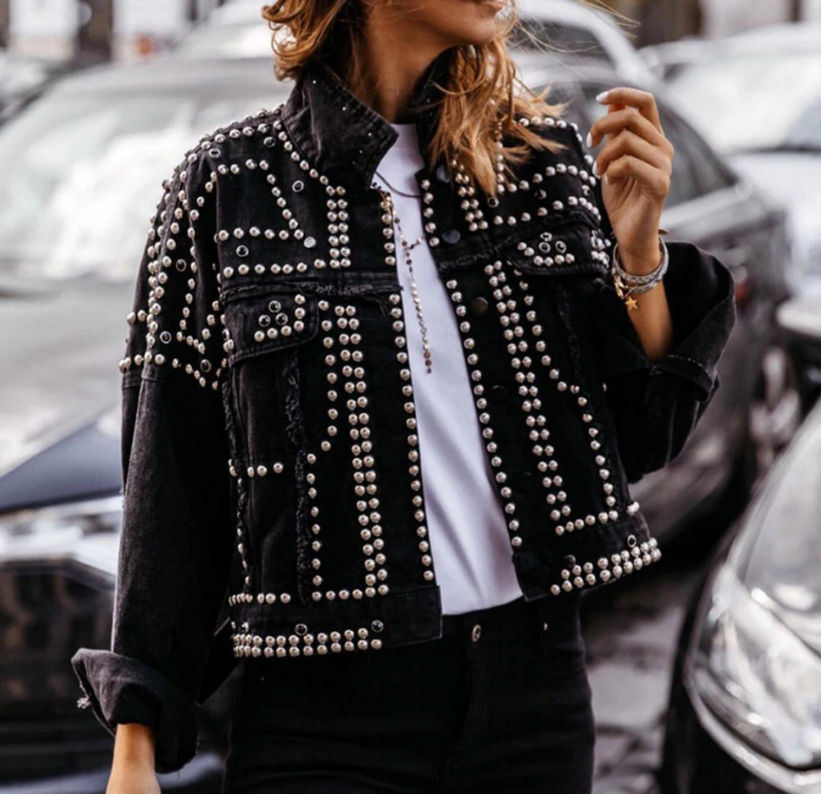 Street-Wave Women's Studded Bomber Jacket With Rhinestone Embellishments For Trendy Cropped Everyday Style