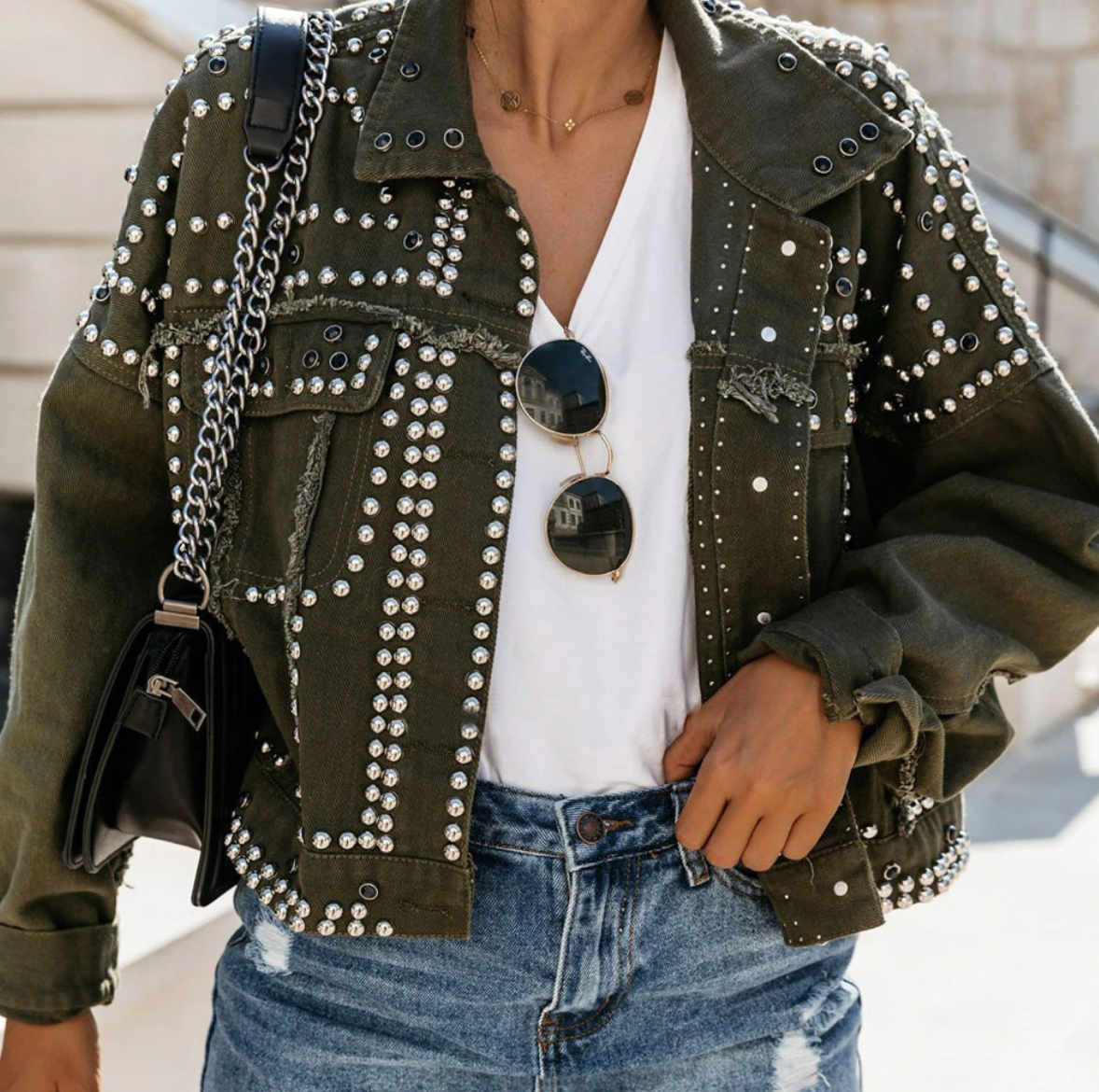 Street-Wave Women's Studded Bomber Jacket With Rhinestone Embellishments For Trendy Cropped Everyday Style