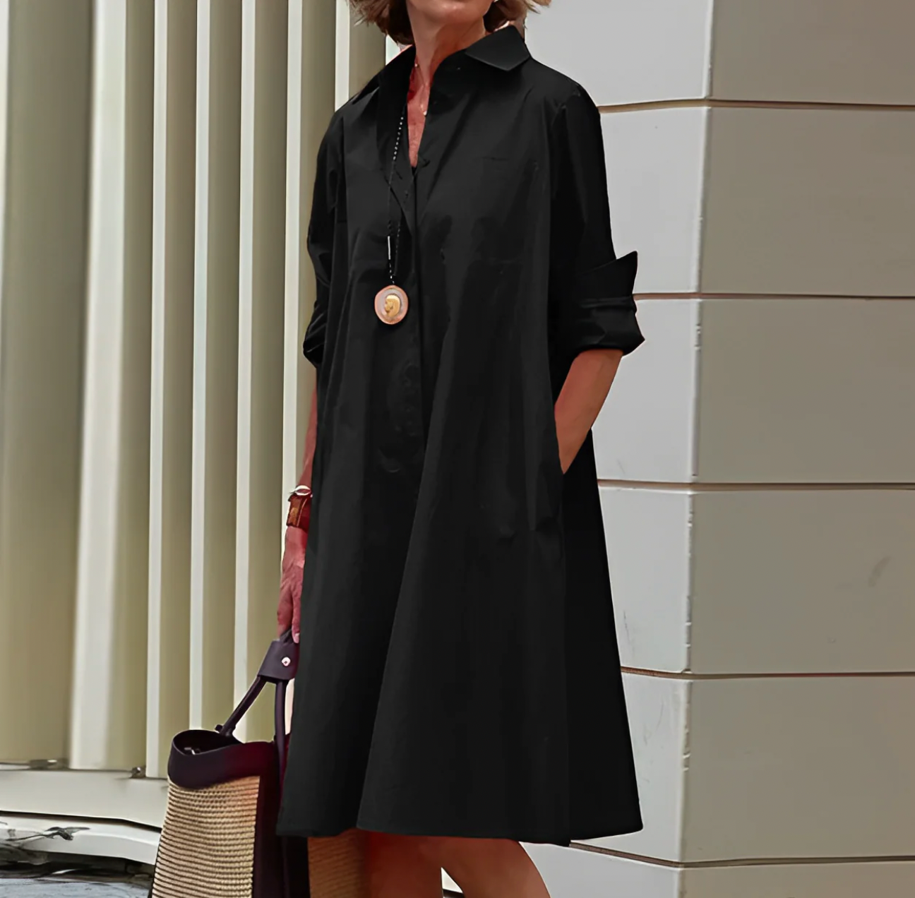 Street-wave Womens A-Line Shirt Dress With Long Sleeves Timeless Classic Style Pockets For Women Everyday Comfort