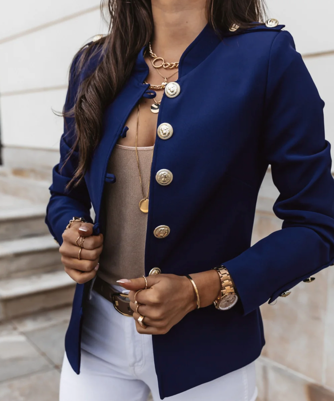 Street-wave Women's Fall Jacket With Gold Buttons For Timeless Chic And Feminine Silhouette