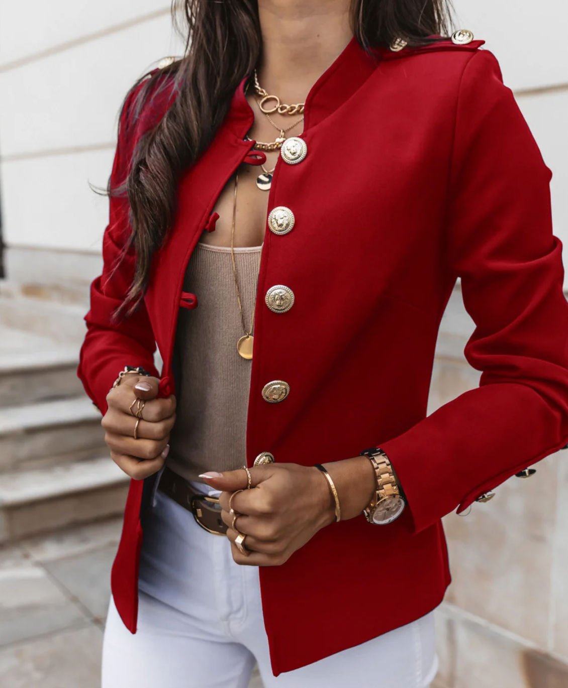 Street-wave Women's Fall Jacket With Gold Buttons For Timeless Chic And Feminine Silhouette