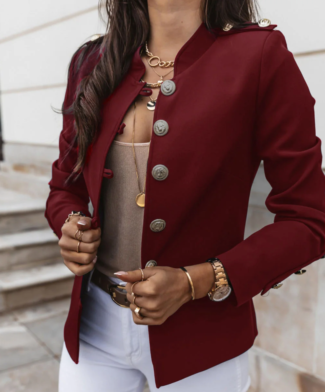 Street-wave Women's Fall Jacket With Gold Buttons For Timeless Chic And Feminine Silhouette