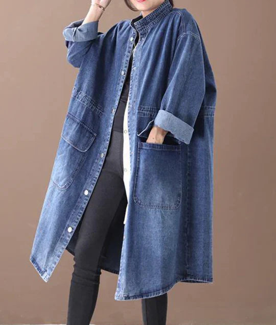 Street-wave Long Denim Coat for Women Warm Cozy Autumn Winter Outerwear Oversized Style