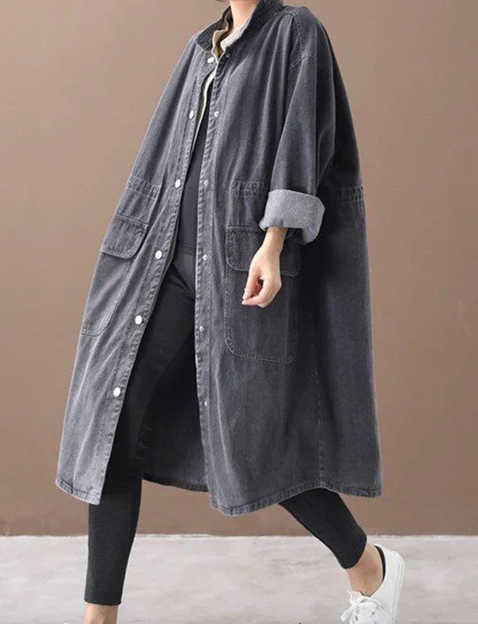 Street-wave Long Denim Coat for Women Warm Cozy Autumn Winter Outerwear Oversized Style