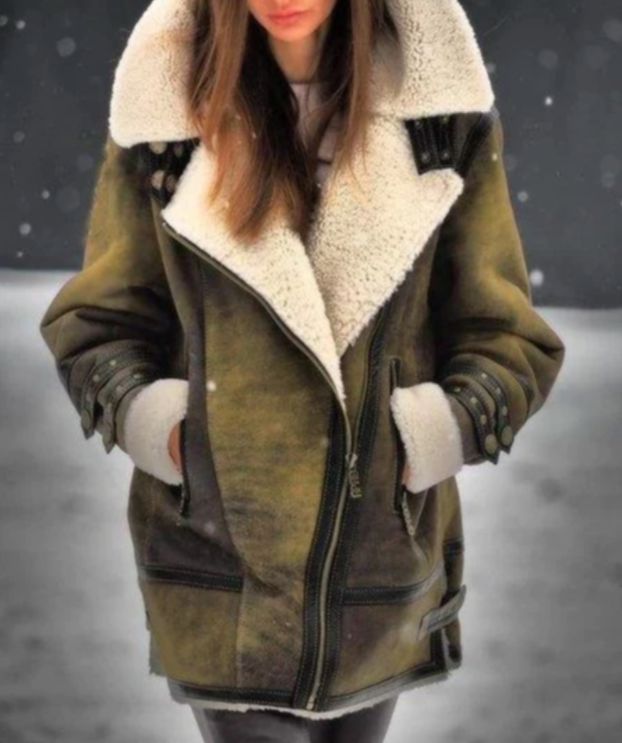 Street-wave Faux Leather Jacket With Plush Lining - Warm Shearling Style Coat For Women