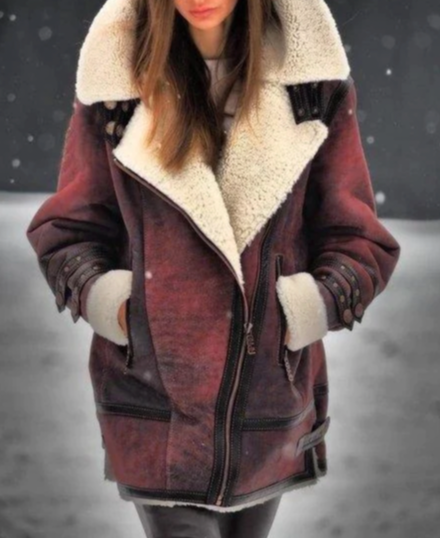 Street-wave Faux Leather Jacket With Plush Lining - Warm Shearling Style Coat For Women