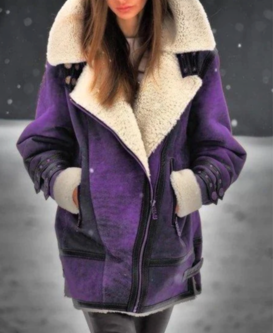 Street-wave Faux Leather Jacket With Plush Lining - Warm Shearling Style Coat For Women