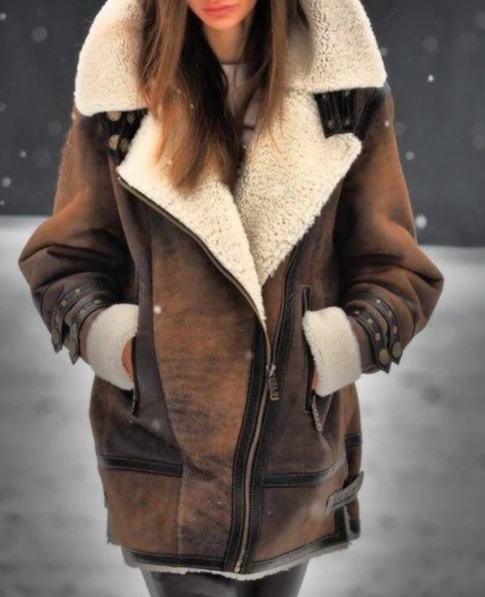 Street-wave Faux Leather Jacket With Plush Lining - Warm Shearling Style Coat For Women