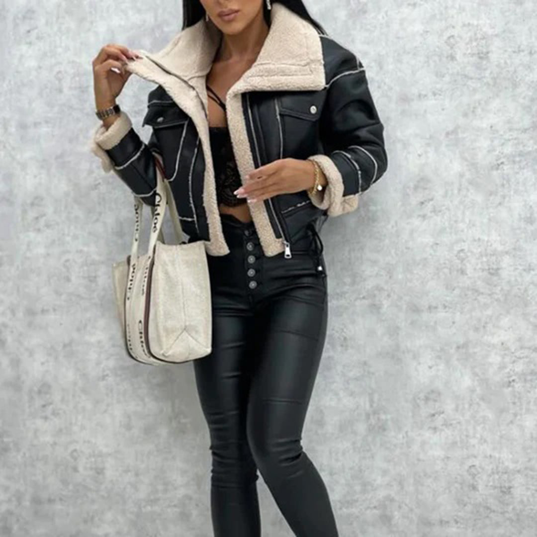 Streetwave Short Moto Jacket With Shearling Lining For Women Warm Leather Style Zip Coat