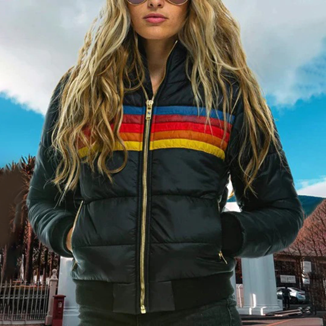 Street-wave Colorful Hooded Puffer Jacket For Women Cozy Warmth And Bold Stripes