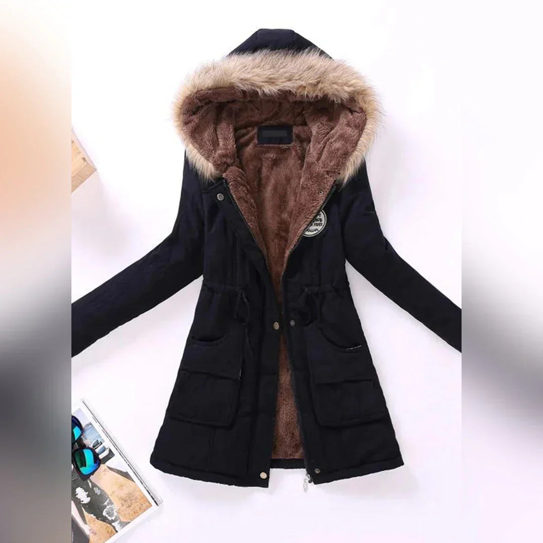 Street-wave Olive Winter Coat With Fur Lined Hood For Women Belted Waist And Pockets