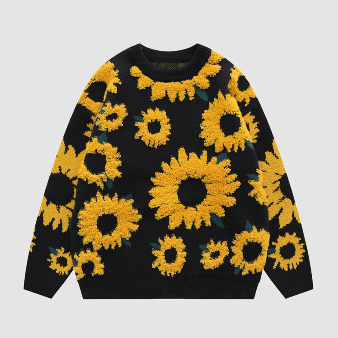 Street-wave Sunflower Print Acrylic Pullover Soft Cozy Knit For Women Versatile Style
