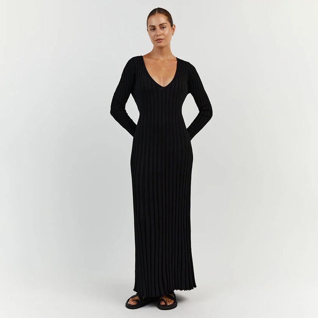 Street Wave Women's Fitted Knitted Maxi Dress Ribbed V Neck Long Sleeve