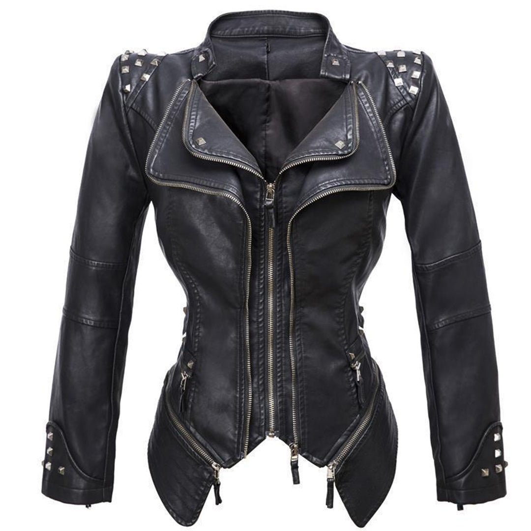 Gothic Slim Fit PU Leather Jacket Donna By Streetwave For Women Studded Silver Details