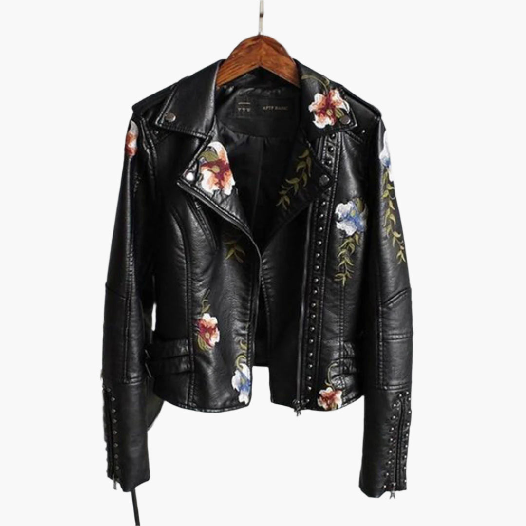 Street Wave Premium Floral Embroidered Short Biker Jacket For Women With Studded Details