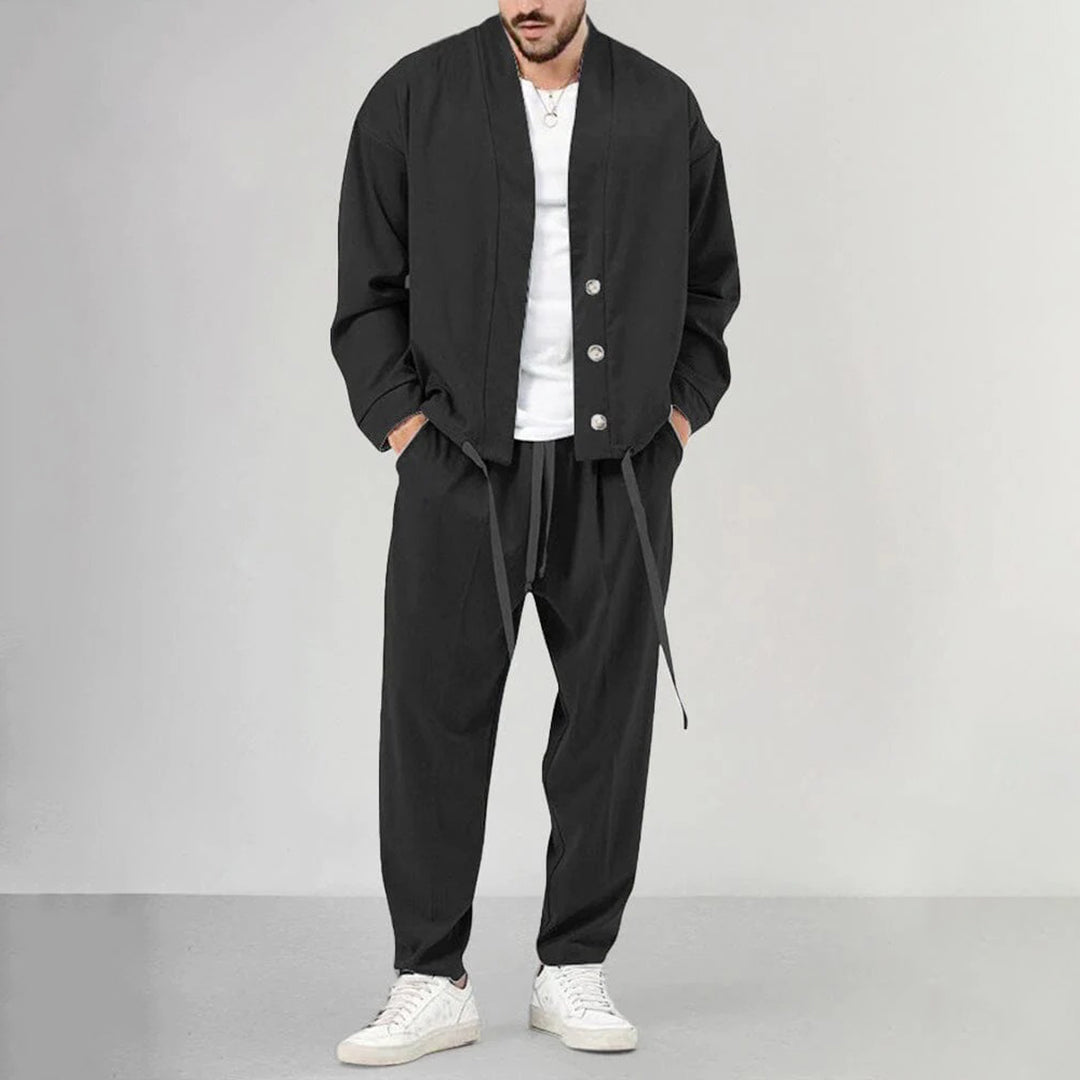 Street-wave Men's Olive Green Suit Set with Relaxed Jacket and Drawstring Pants