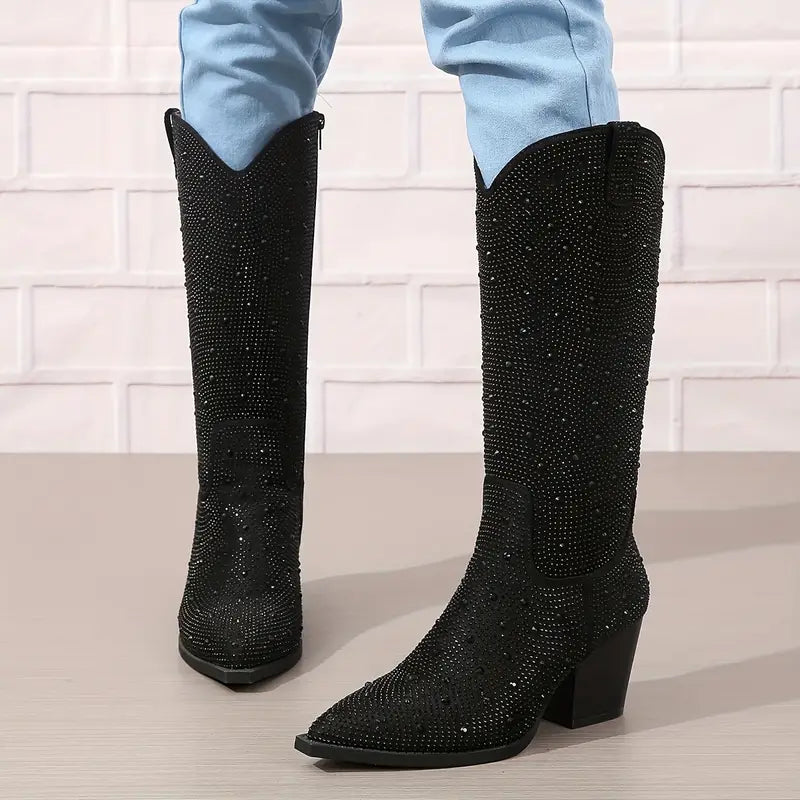 Street-wave Glittery Cowboy Boots For Women Sparkling Western Booties With Rhinestones
