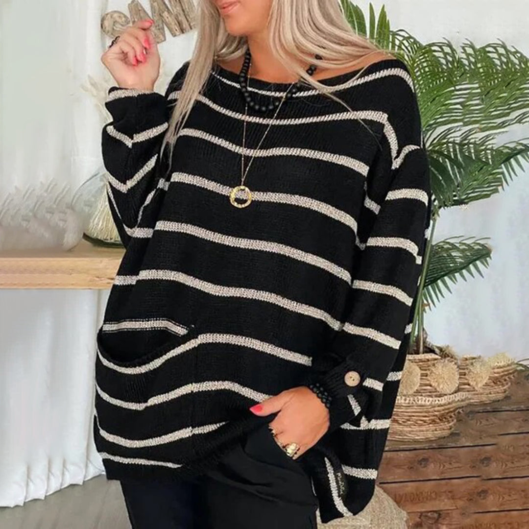 Street-wave Striped Pullover For Women, Cozy Round Neck Knit Sweater With Long Sleeves