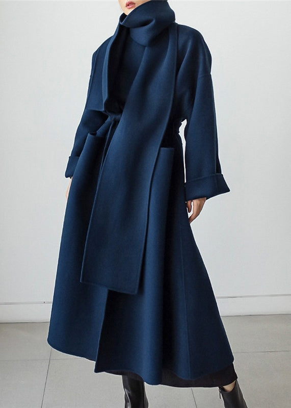 Street-Wave Blue Wool Wrap Coat For Women With Scarf Cozy Warm Long Winter Outerwear