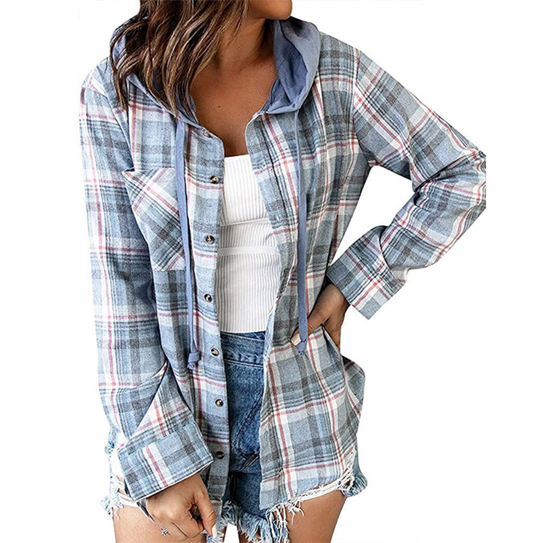 Streetwave Hooded Plaid Flannel Shirt Jacket For Women Cozy Versatile Casualwear With Frayed Hem Detail