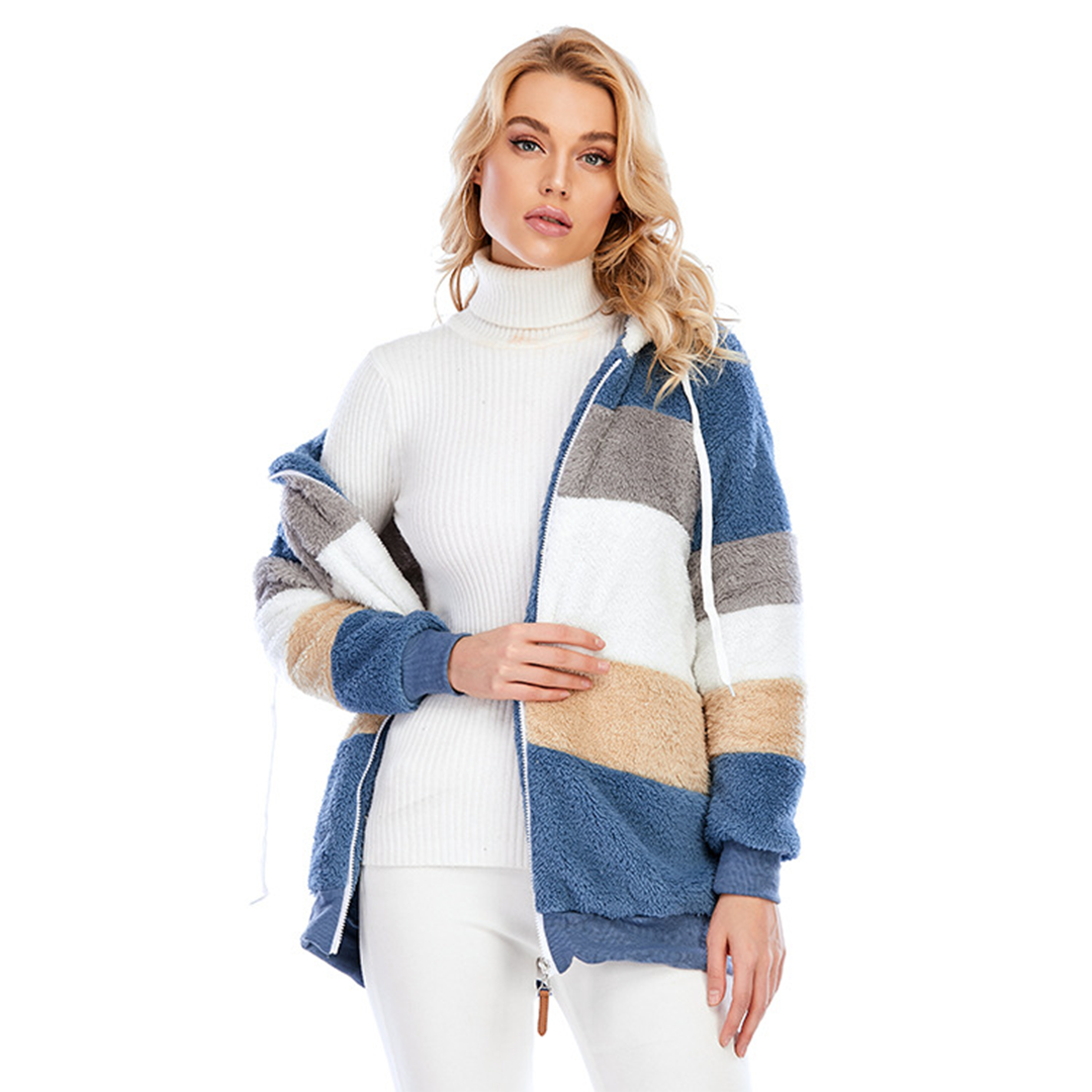 Street Wave Fuzzy Color Block Jacket for Women Cozy Warm Zip Up Hooded Fleece Coat