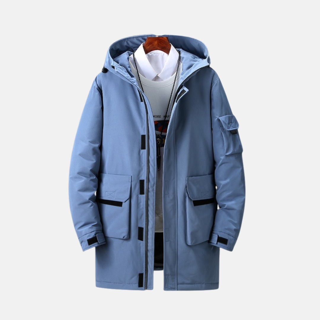 Men's Hooded Winter Coat In Woven Fabric Mid Thigh Length Adjustable Cuffs For Winter Style