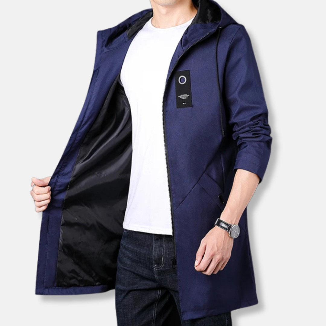 Men's Hooded Coat With Zipper Closure In Woven Fabric For Smart Casual Style Mid Thigh Length